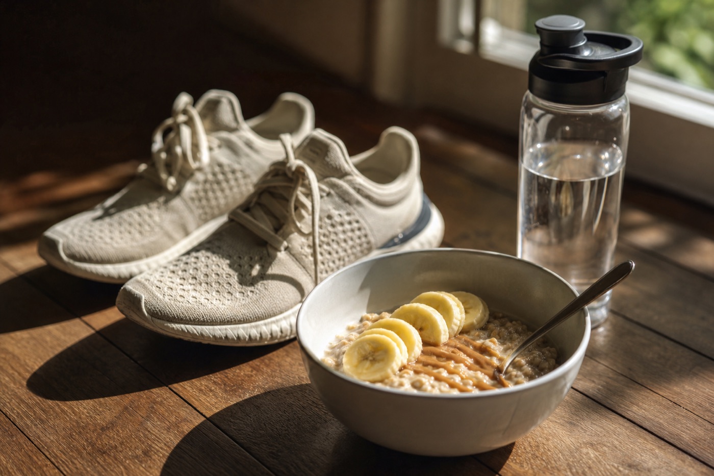 A pair of trainers, a water bottle and a bowl of oatmeal with banana on a wooden floor by a sunny window