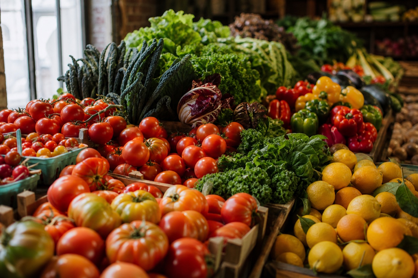A farmers market stall piled with tomatoes, leafy greens, peppers and citrus