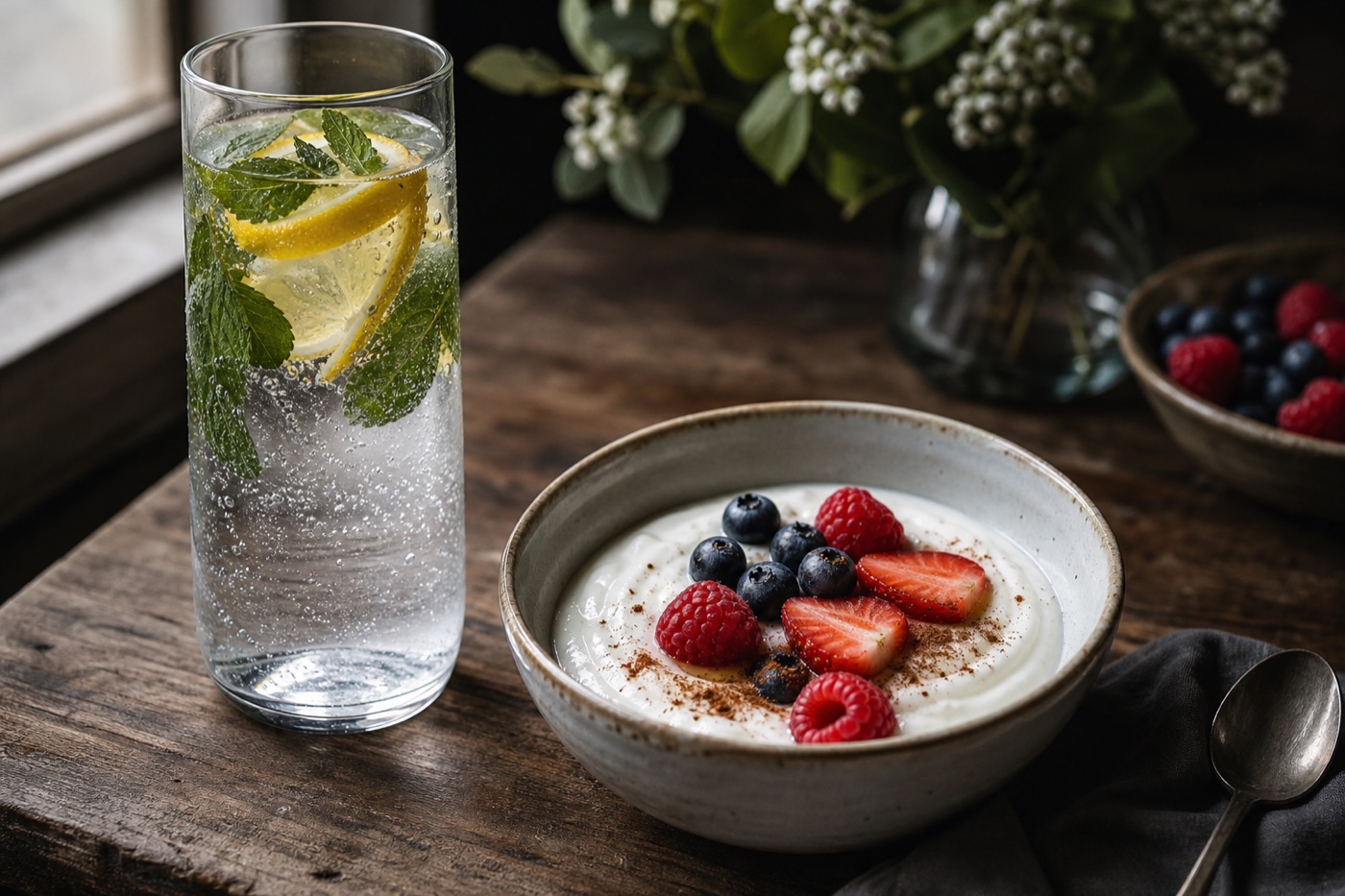 A tall glass of sparkling water with lemon and mint beside a bowl of plain yogurt topped with fresh berries and a sprinkle of cinnamon