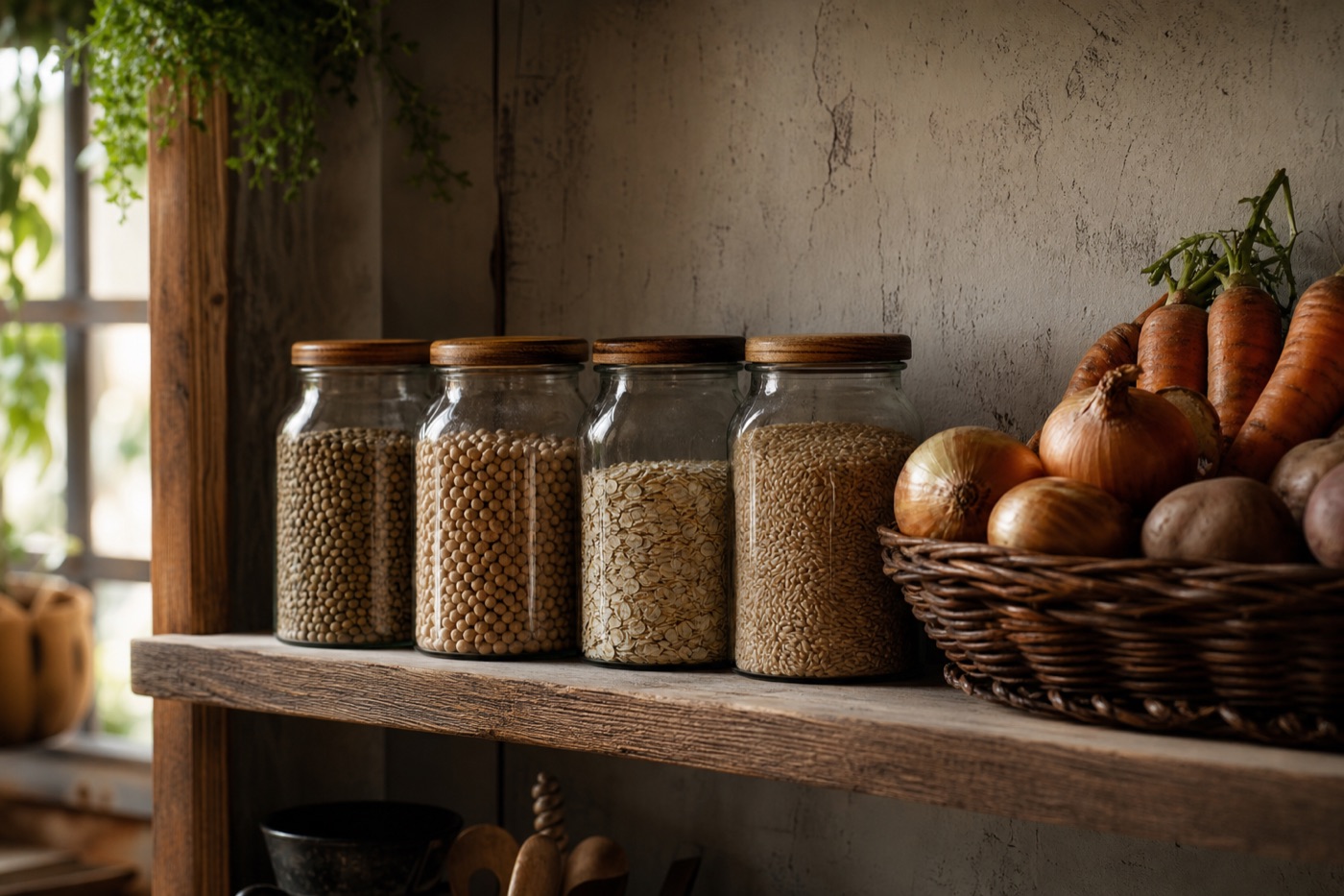 Glass jars of dried lentils, chickpeas, oats and brown rice lined up on a kitchen shelf beside a basket of onions, carrots and potatoes