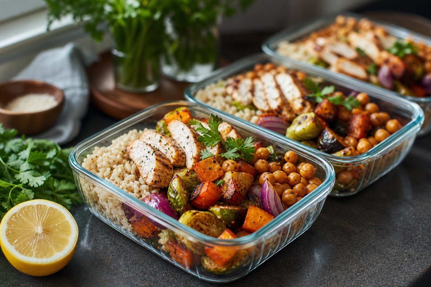 Glass meal-prep containers lined up on a counter, filled with brown rice, roasted vegetables, sliced chicken and chickpeas, with a lemon and fresh herbs nearby