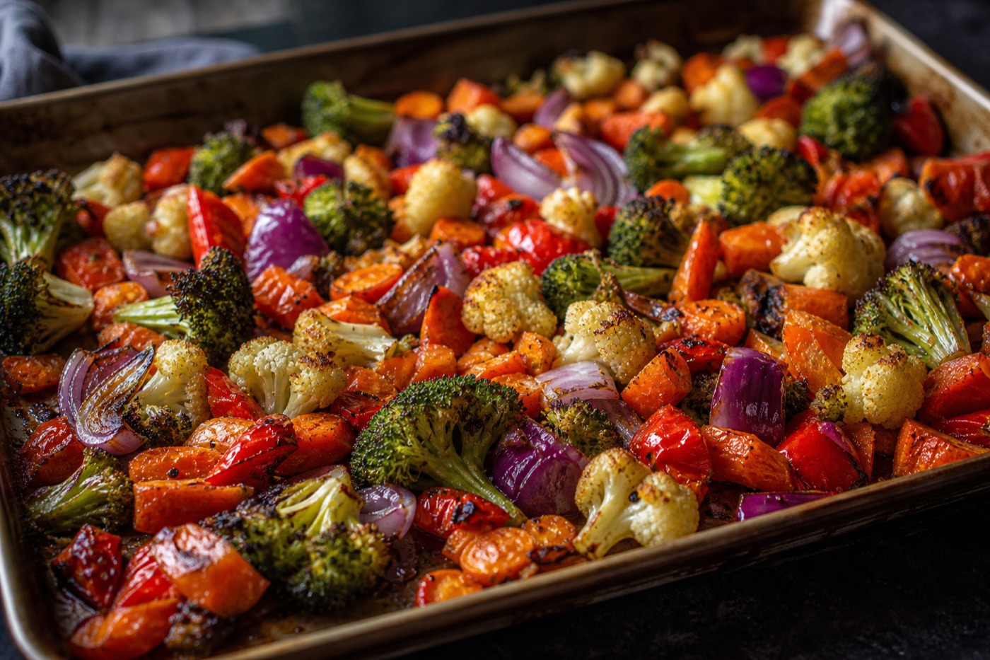 A sheet pan of colorful roasted vegetables, including broccoli, red peppers, carrots, red onion and cauliflower, caramelized at the edges