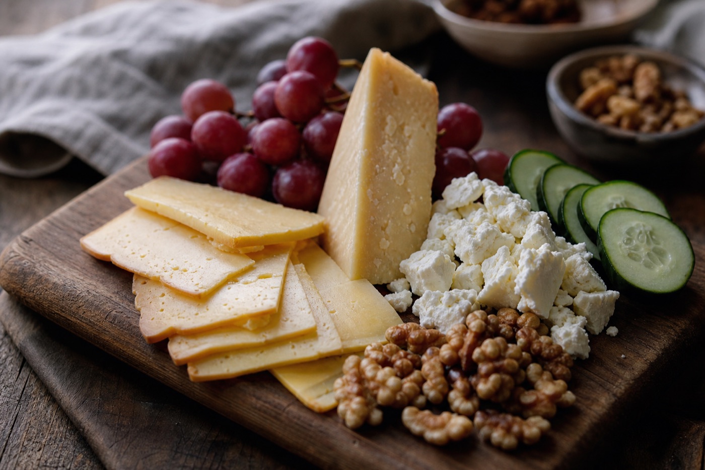 A small wooden board with thin slices of aged cheddar, a wedge of hard grating cheese, crumbled feta, grapes, walnuts and cucumber rounds