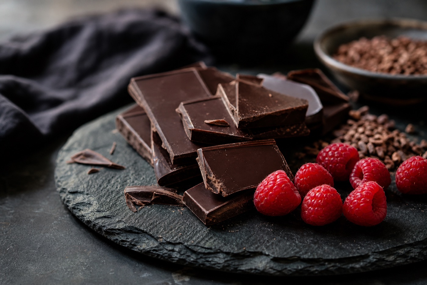 Broken squares of dark chocolate on a slate board next to fresh raspberries and a small pile of cocoa nibs