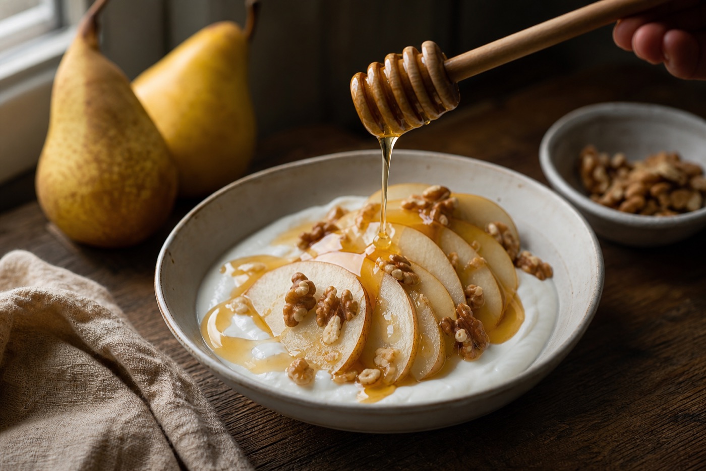 A wooden honey dipper drizzling golden honey over a bowl of plain yogurt topped with sliced pears and a few walnuts