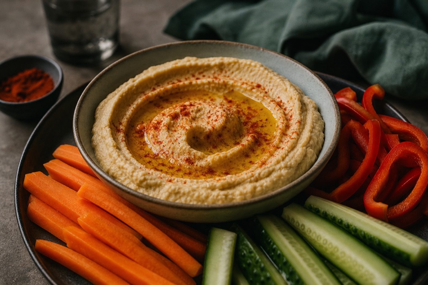 A shallow bowl of smooth hummus swirled with olive oil and dusted with paprika, surrounded by carrot sticks, cucumber spears and red pepper strips