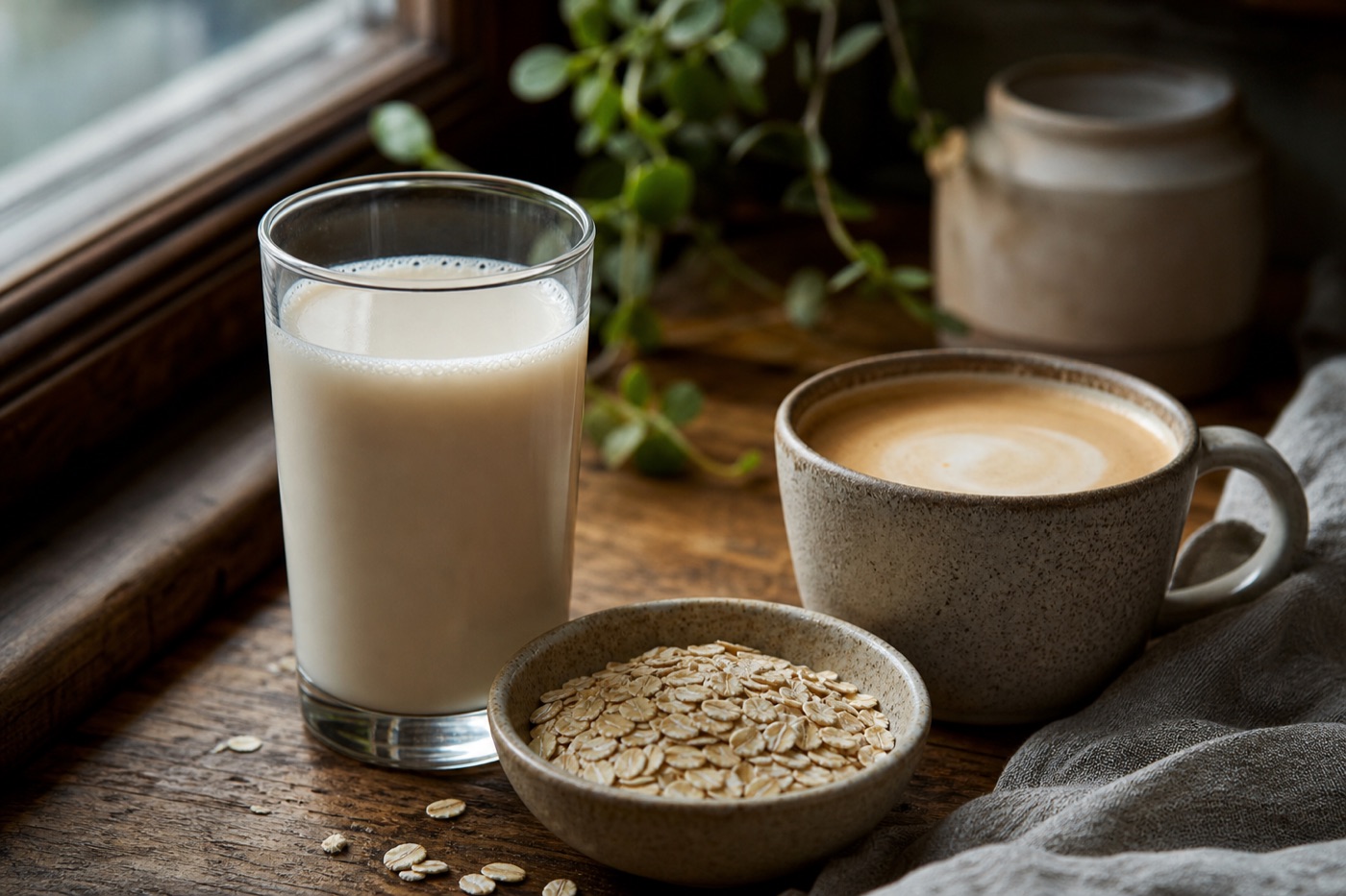 A clear glass of oat milk next to a small bowl of rolled oats and a ceramic mug of coffee with a pale, creamy top