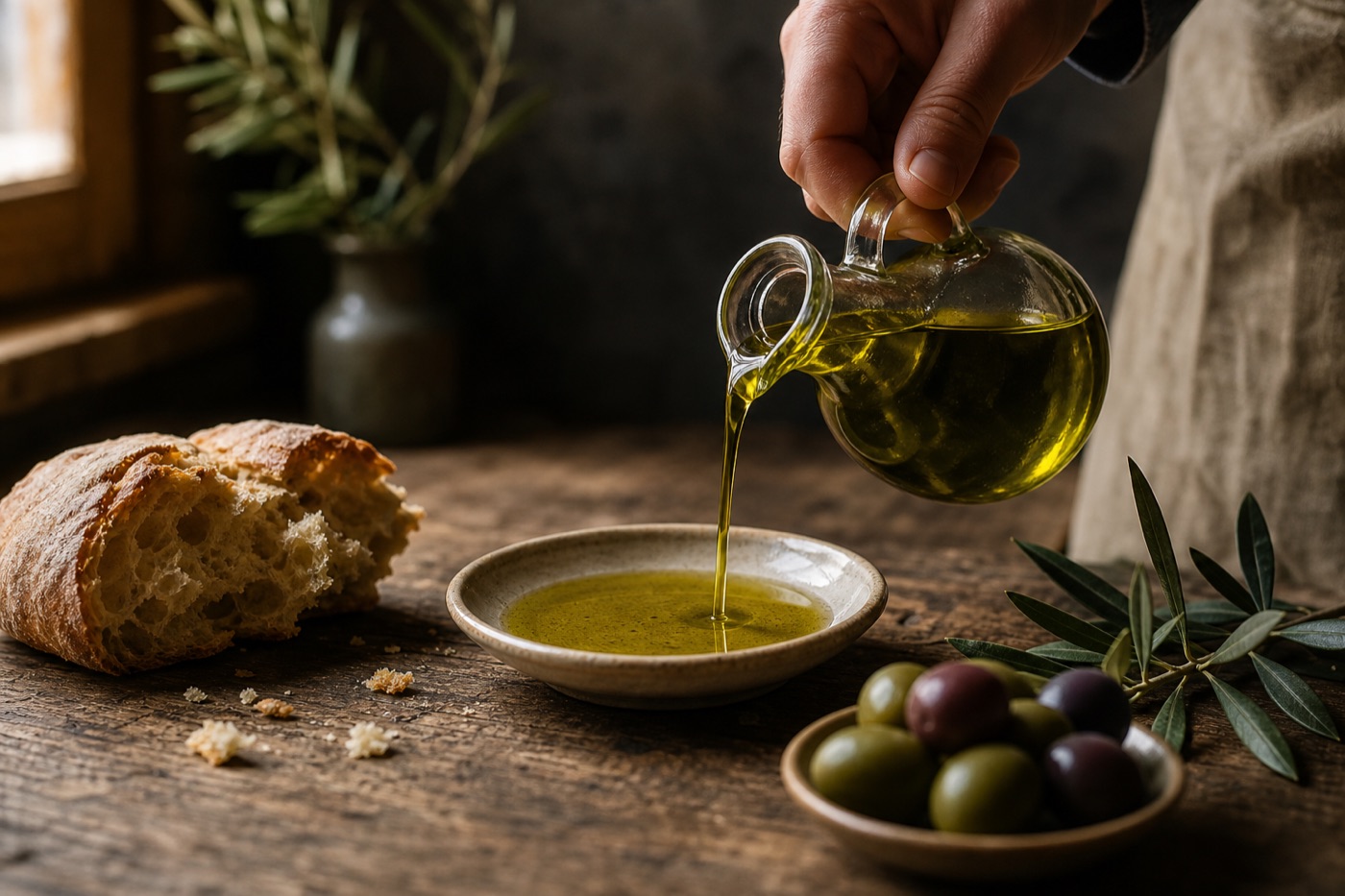 Green-gold extra virgin olive oil being poured from a glass cruet into a small dish beside a torn piece of crusty bread and a few olives
