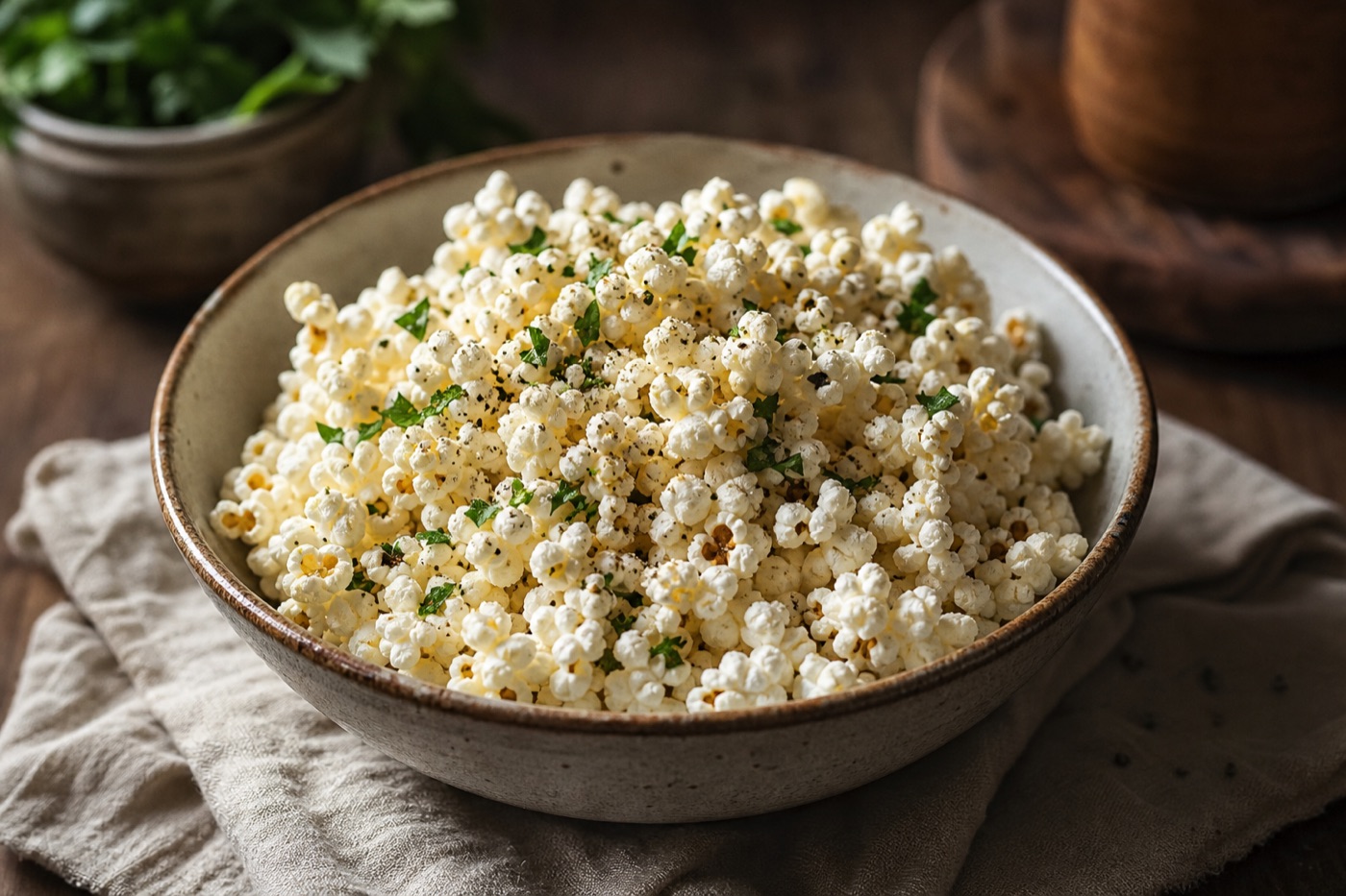 A large ceramic bowl of fluffy air-popped popcorn sprinkled with fresh herbs and cracked black pepper on a linen napkin