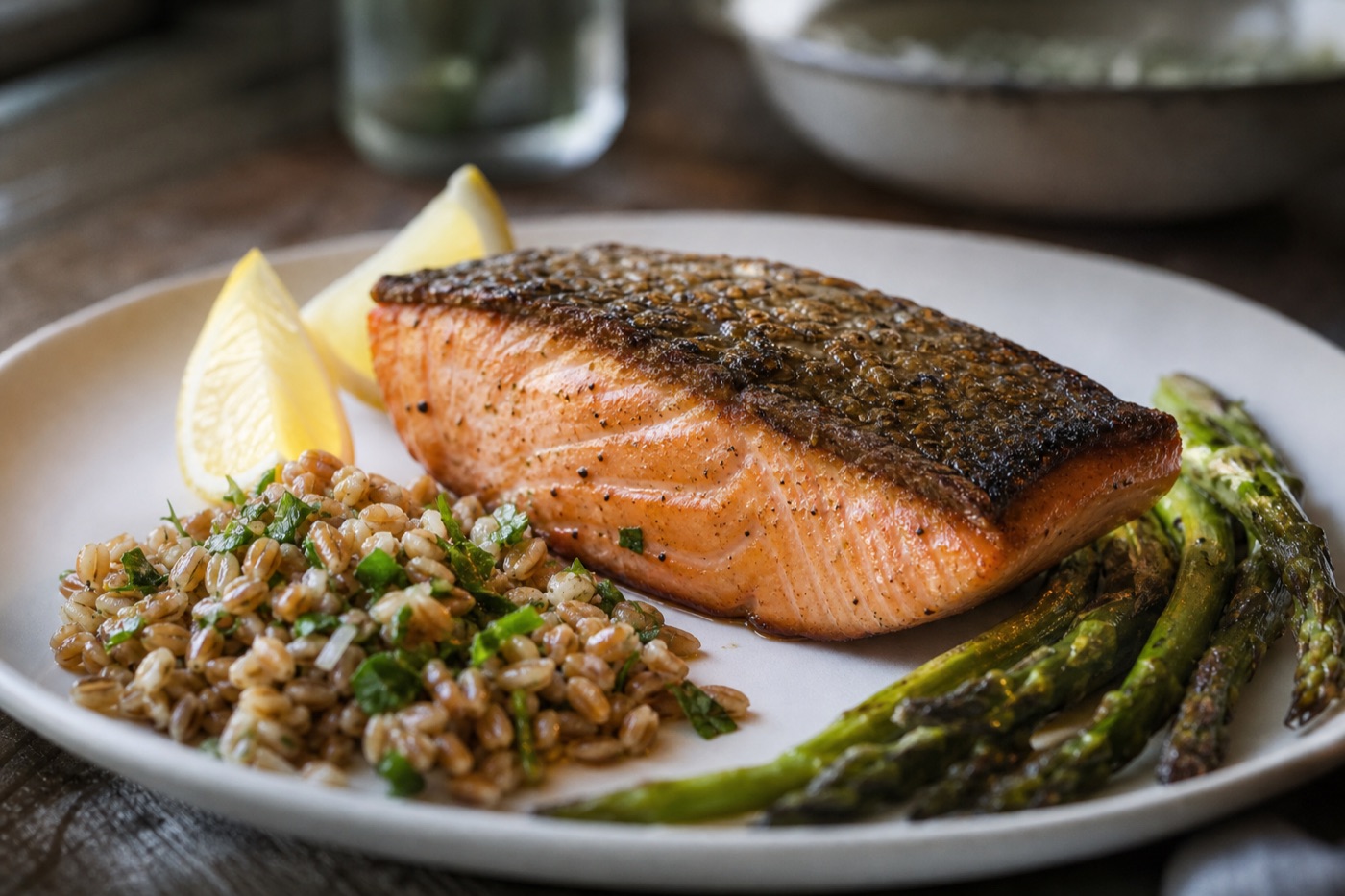 A roasted salmon fillet with crisp skin on a white plate beside lemon wedges, roasted asparagus and a spoonful of herbed farro
