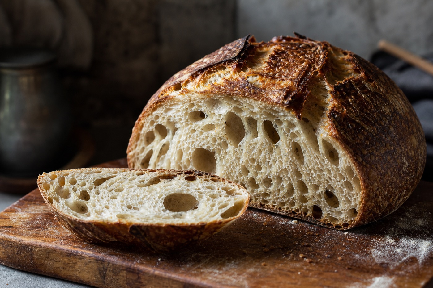 A round sourdough loaf with a deeply scored, crackly crust, cut open on a wooden board to show an open, airy crumb