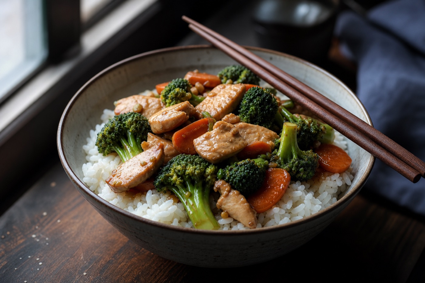 A ceramic bowl of steamed white jasmine rice topped with stir-fried broccoli, carrots and sliced chicken, with chopsticks resting on the rim